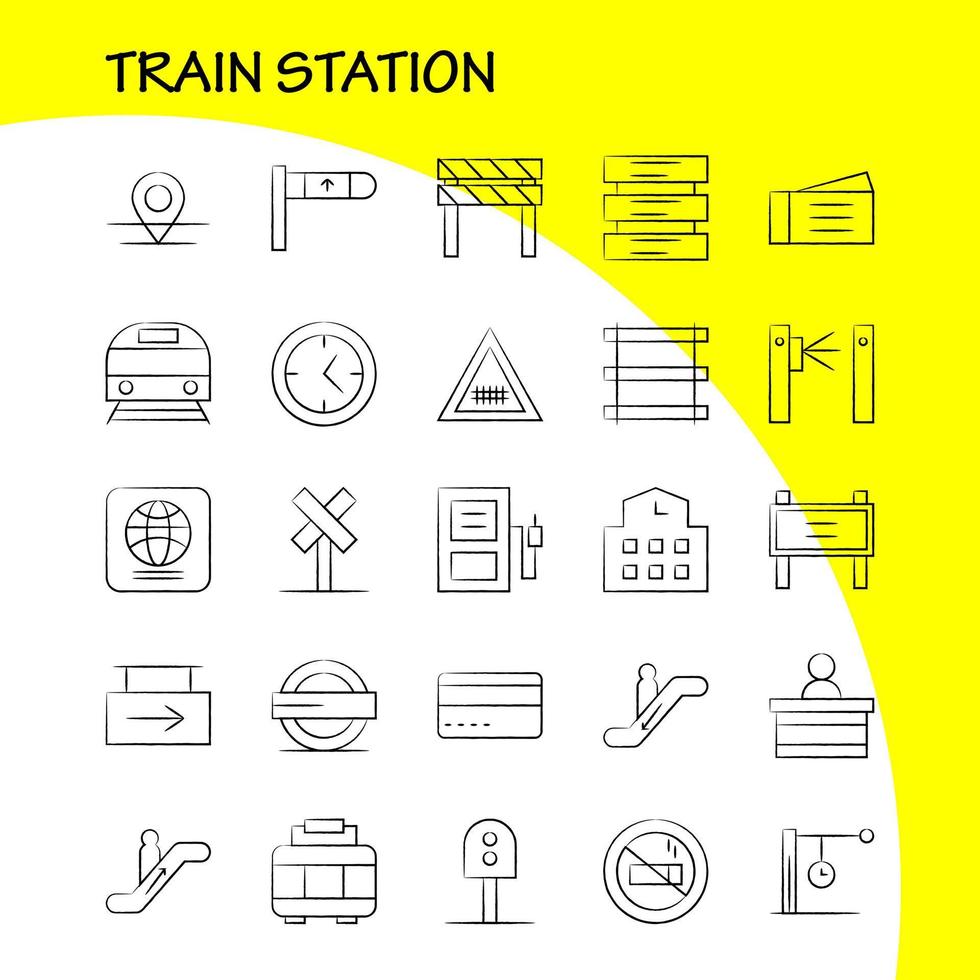 Train Station Hand Drawn Icons Set For Infographics Mobile UXUI Kit And Print Design Include Entrance Railway Station Subway Train Railroad Railway Sign Icon Set Vector