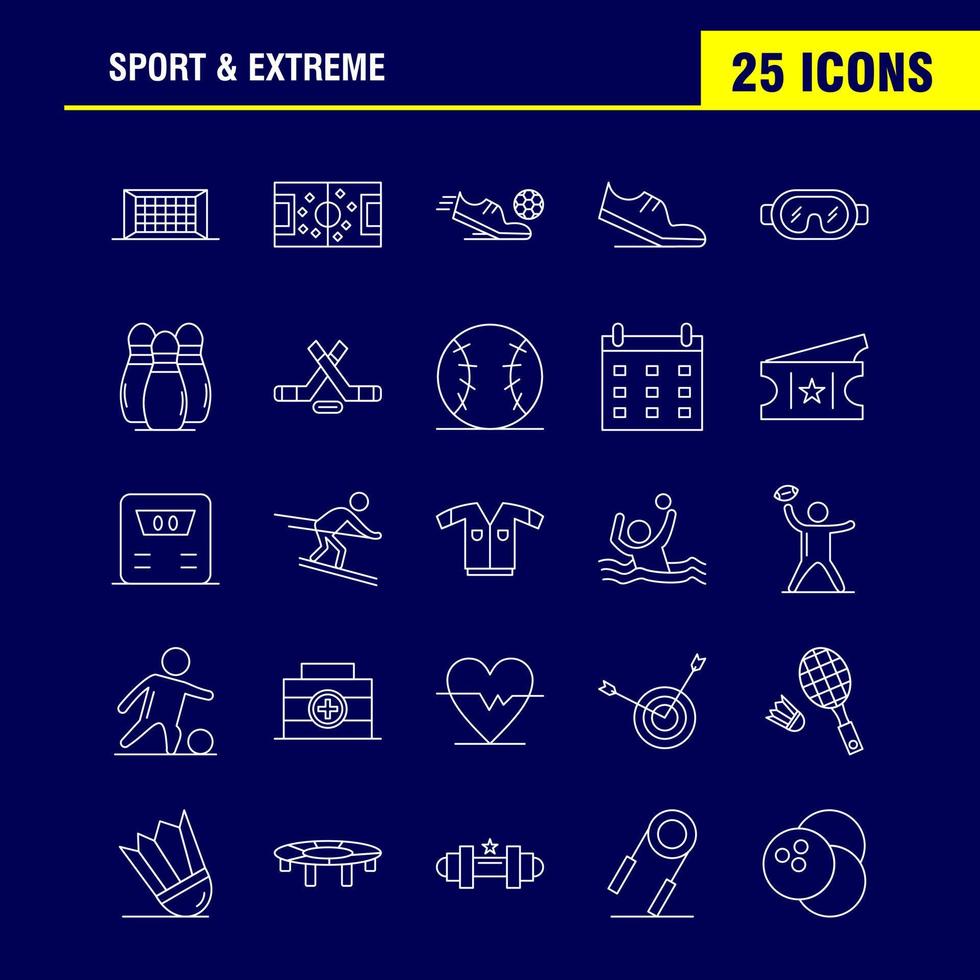 los iconos deportivos y de línea extrema establecidos para infografías, el kit uxui móvil y el diseño de impresión incluyen red de pelota de fútbol, juego de fútbol deportivo, conjunto de iconos de fútbol deportivo, vector