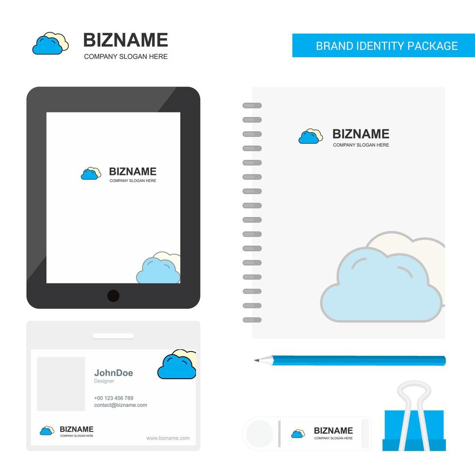 logotipo de empresa de nubes pestaña aplicación diario tarjeta de empleado de pvc y plantilla de vector de diseño de paquete estacionario de marca usb