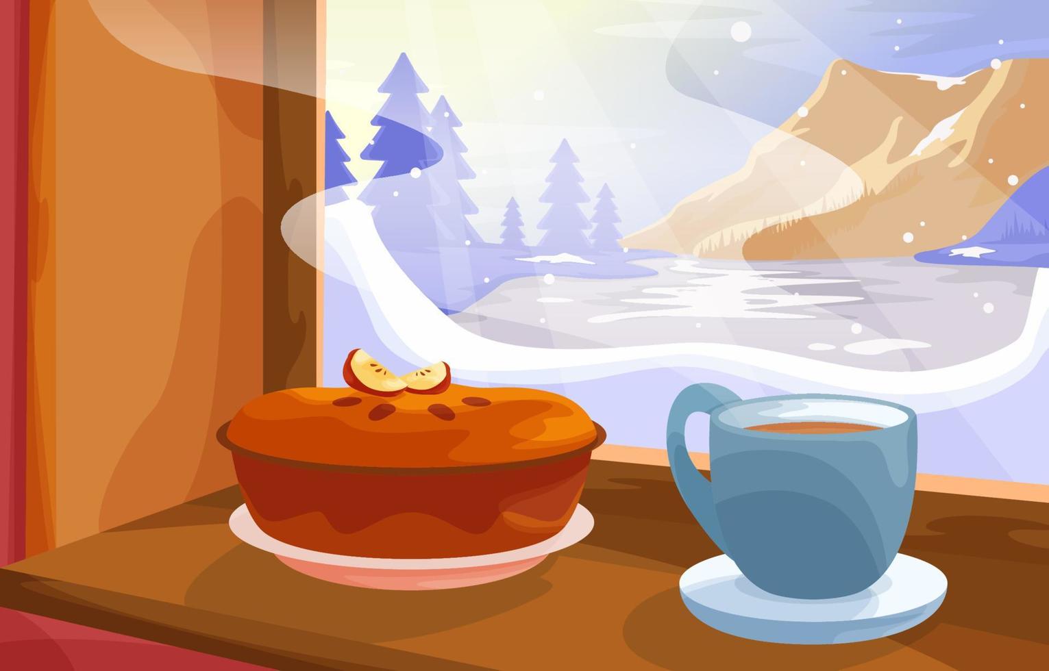 ventana de invierno con tarta de manzana y bebida caliente vector