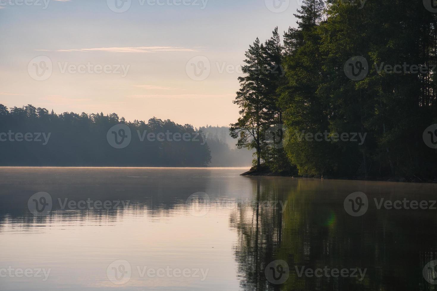Stone rocks with conifers by the lake in Sweden in Smalland. Wild nature in Scandinavia photo