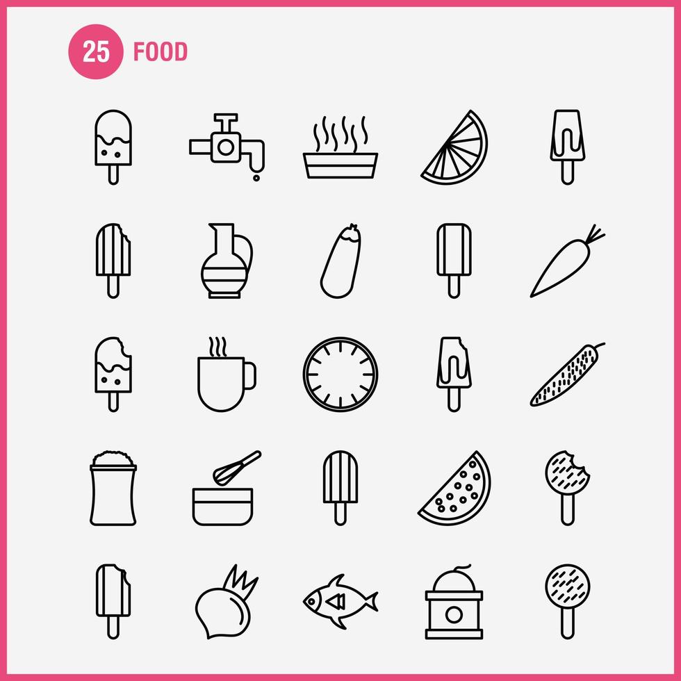 los iconos de la línea de alimentos establecidos para el kit de uxui móvil de infografía y el diseño de impresión incluyen gambas, comida, comida de mar, comida, plato, comida, cocina, colección, moderno, infografía, logotipo, y, pictogram, vector