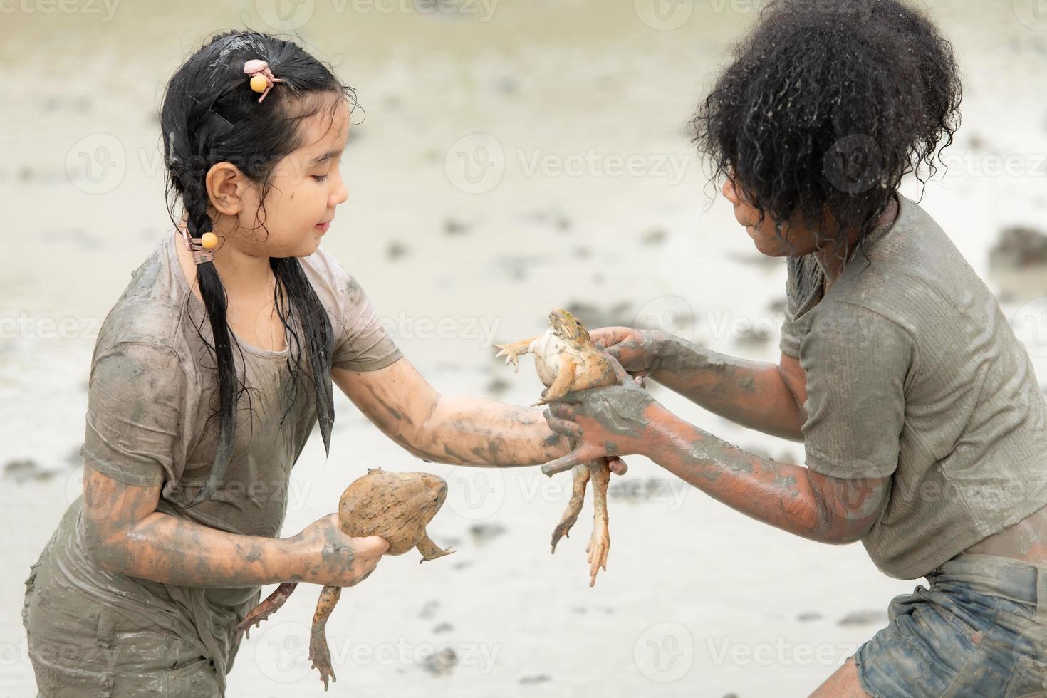 Children have fun playing in the mud in the community fields and catching a frog in a muddy field. photo