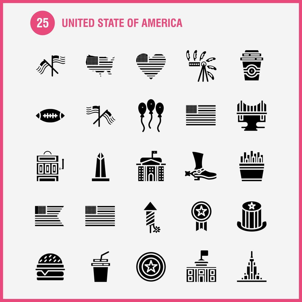 paquete de iconos de glifo sólido de estados unidos para diseñadores y desarrolladores iconos de celebración fiesta de fuegos artificiales día sombrero presidentes usa vector de bola