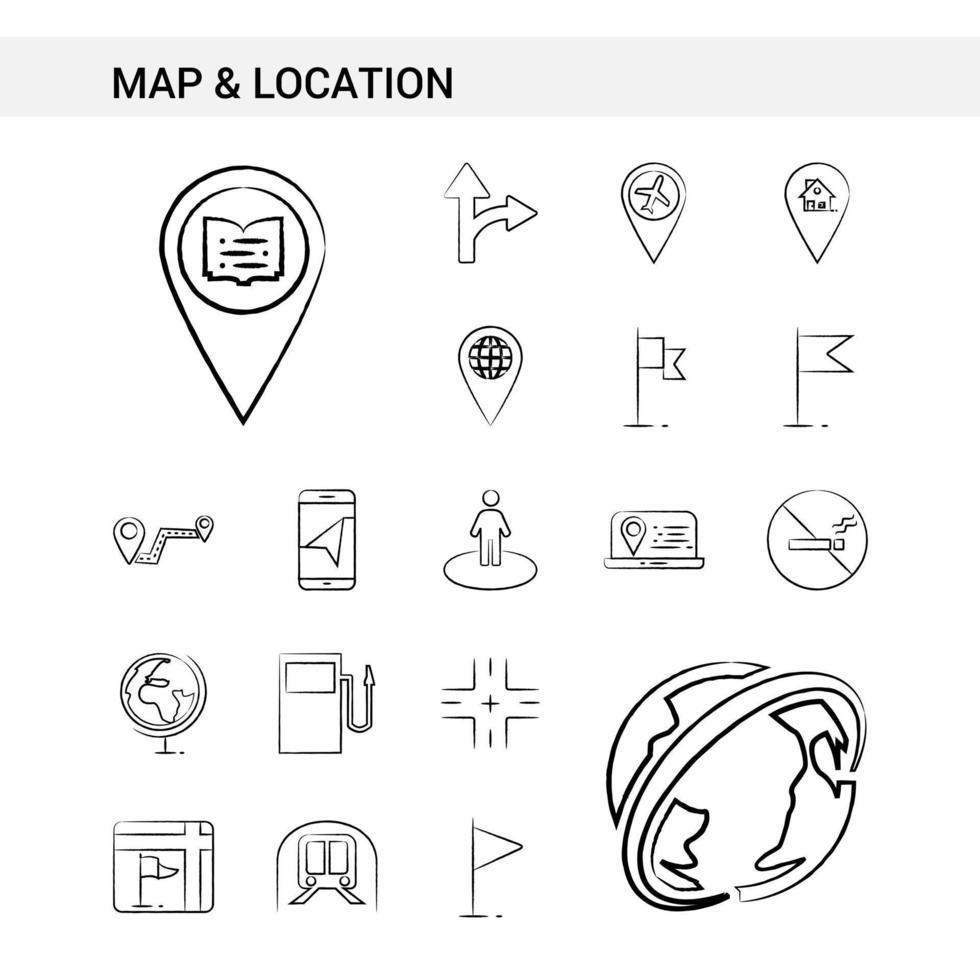 mapa y ubicación estilo de conjunto de iconos dibujados a mano aislado en vector de fondo blanco