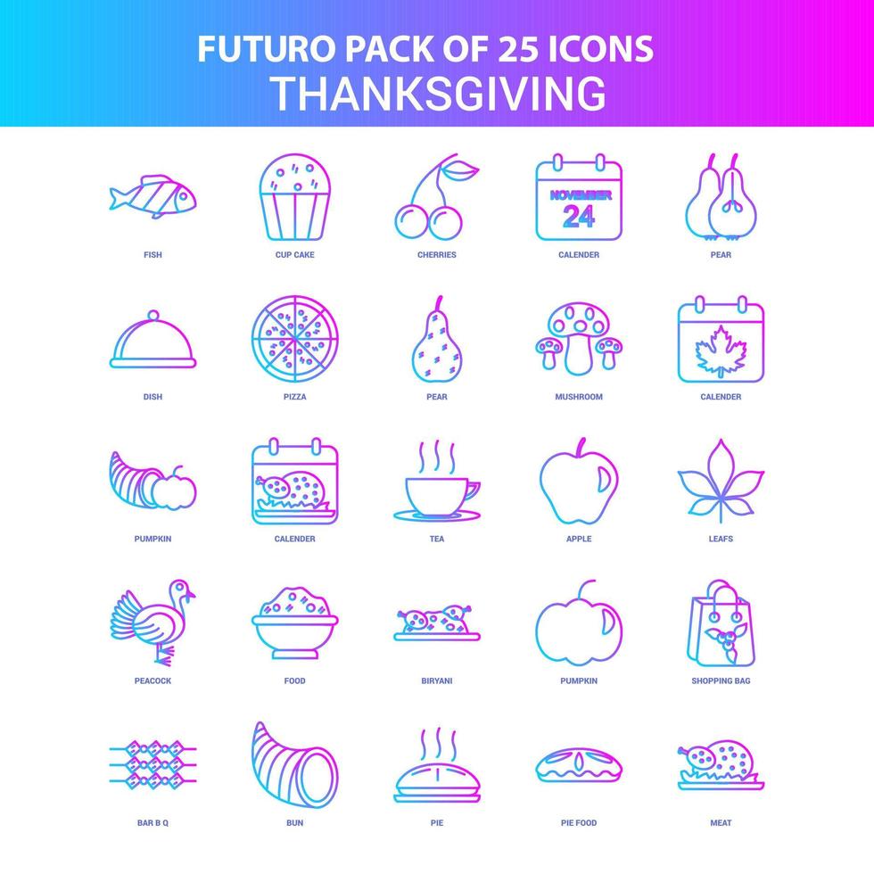 25 paquete de iconos de acción de gracias futuro azul y rosa vector