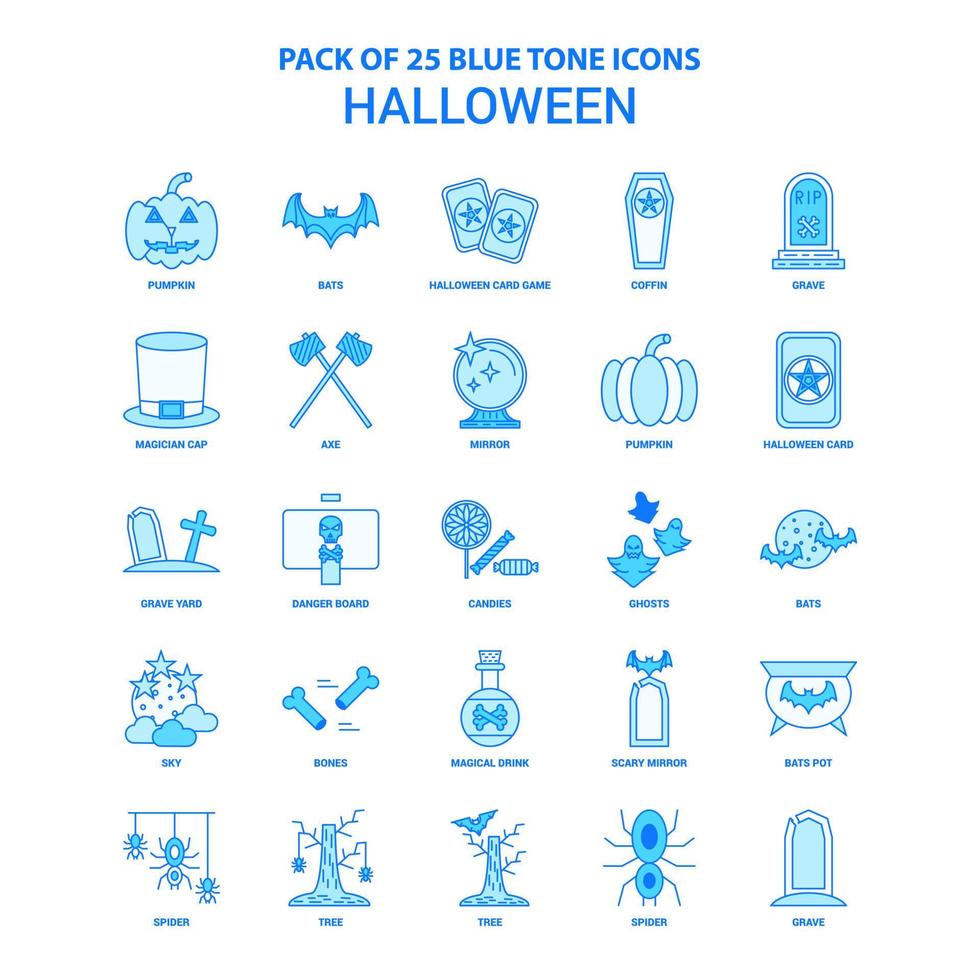 paquete de iconos de tono azul de halloween 25 conjuntos de iconos vector