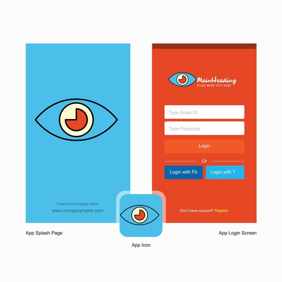 pantalla de presentación del ojo de la empresa y diseño de la página de inicio de sesión con plantilla de logotipo plantilla de negocio móvil en línea vector