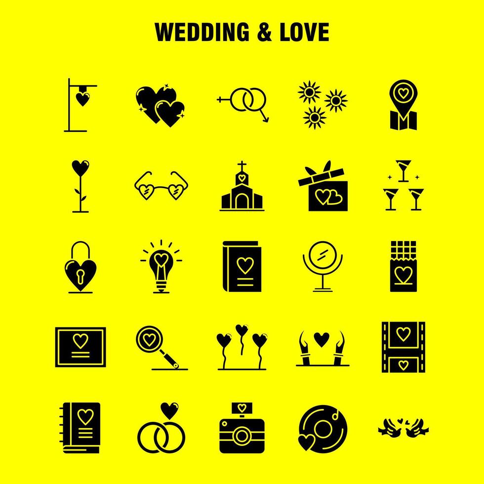 Wedding And Love Solid Glyph Icons Set For Infographics Mobile UXUI Kit And Print Design Include Bulb Idea Love Heart Wedding Movies Video Love Icon Set Vector