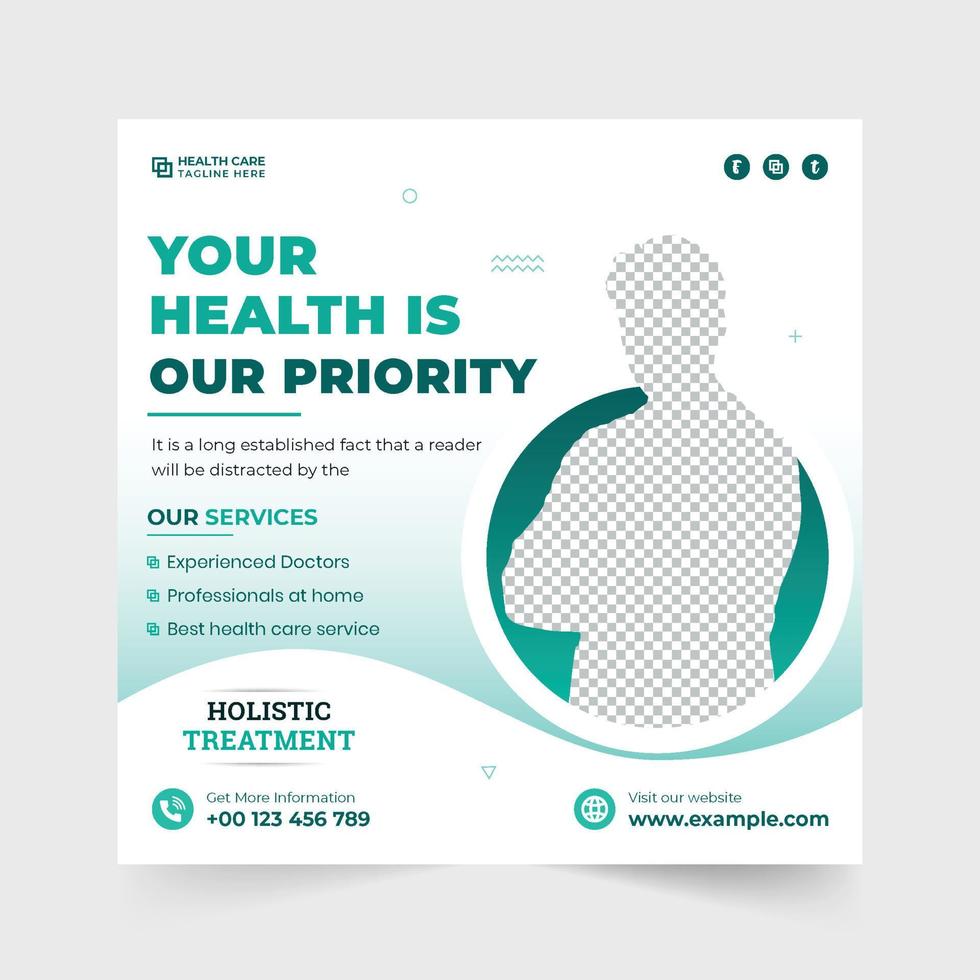 Medical service social media post vector with green and blue colors. Health care service promotional template vector for clinics and hospitals. Health care template design with photo placeholers.