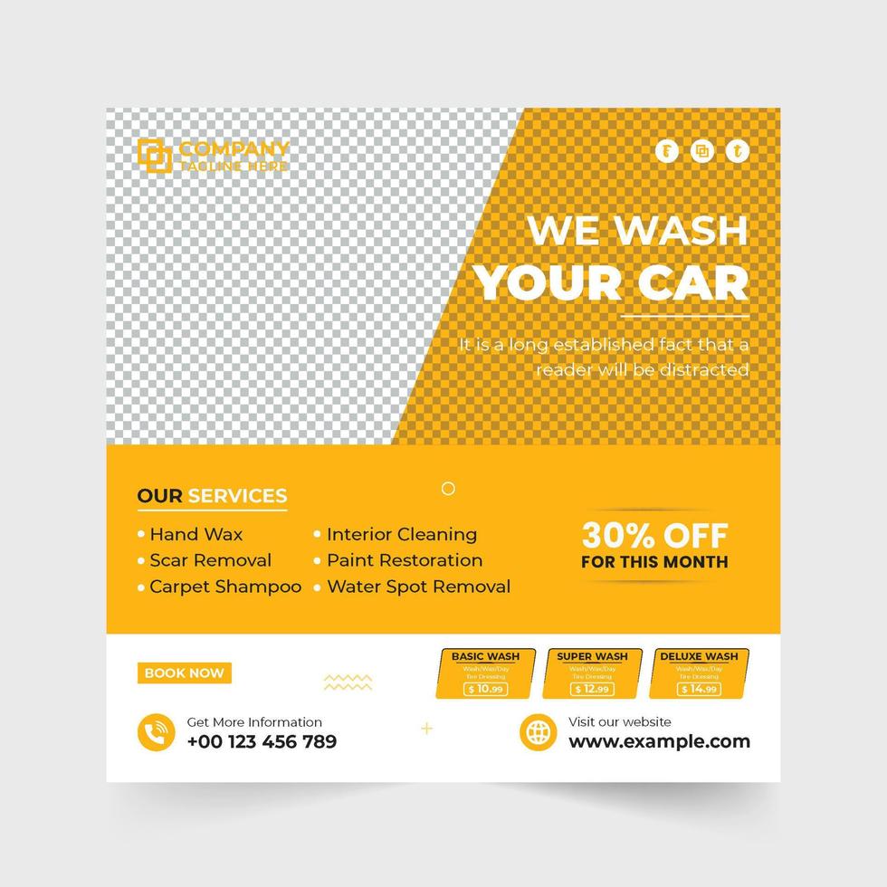 Vehicle cleaning service social media post vector with photo placeholders. Modern car maintenance service template design with yellow and blue colors. Car wash and repair business advertisement poster