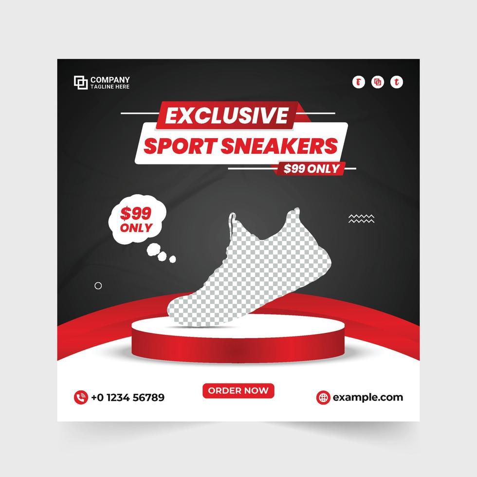 Modern sports sneakers promotional web banner design with discount offers. Exclusive sports shoe sale social media post vector with red and blue colors. Shoe sale template for digital marketing.