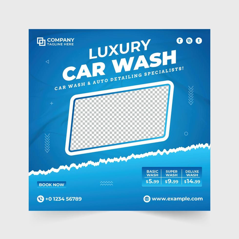 Creative car washing and maintenance service social media post vector. Automobile cleaning business promotional web banner design with green and blue colors. Vehicle wash poster template for marketing vector