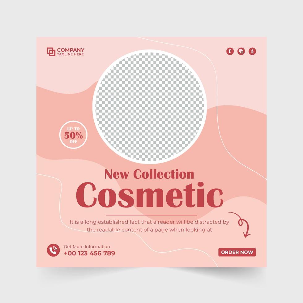 Cosmetic sale template design with discount offers for social media marketing. Exclusive cosmetic and skin care product promotional template vector. Beauty product advertisement poster vector. vector