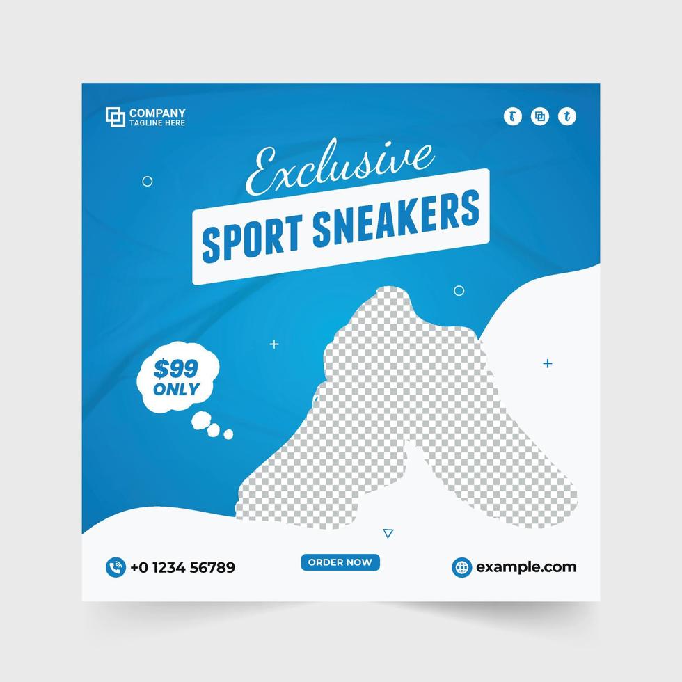 Sport shoe business social media post vector with green and blue colors. Modern sneakers business promotion template design with abstract shapes. Exclusive sports shoe sale template vector.