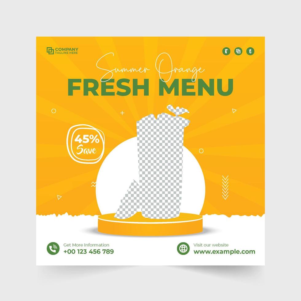 diseño de plantilla de promoción de jugo de naranja fresco con formas abstractas. diseño de banner web de publicidad de bebidas con colores naranja y amarillo. vector de publicación de redes sociales de promoción de negocios de barra de jugo.