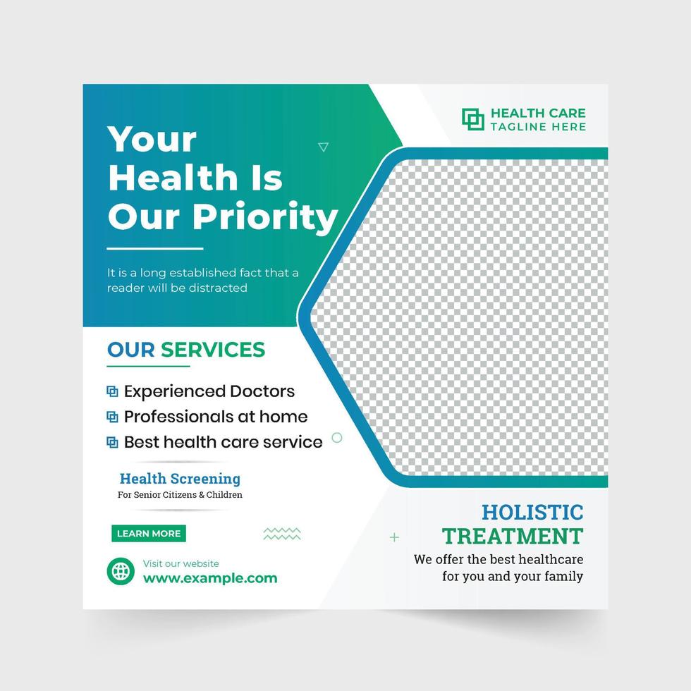 Special medical treatment social media post with blue and green colors. Clinical healthcare promotional template design with medical facilities. Hospital doctor treatment advertising poster vector. vector