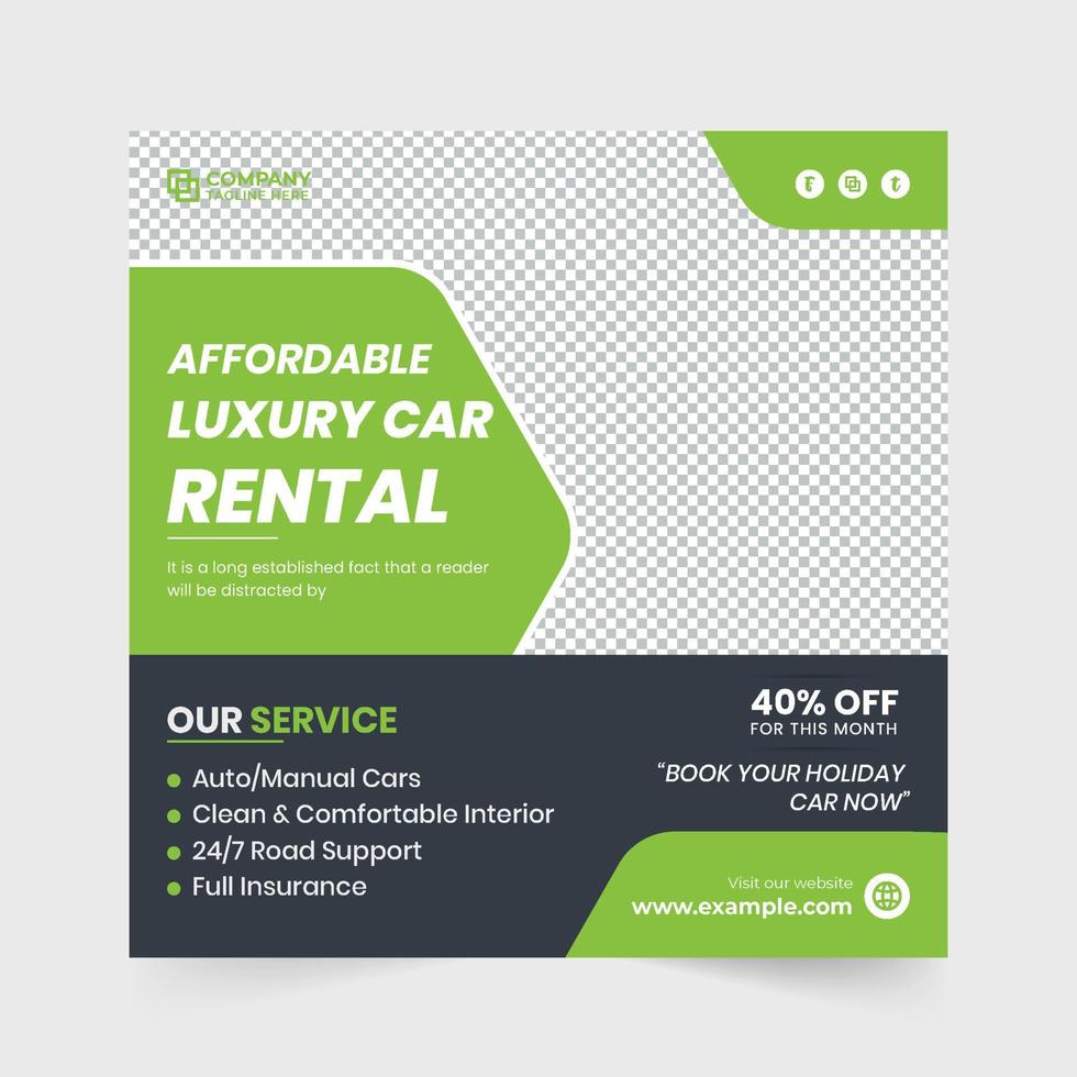 Luxury car rental social media post vector with green and dark colors. Automobile business promotion template for marketing. Rent a car business advertisement template vector with discount offer.