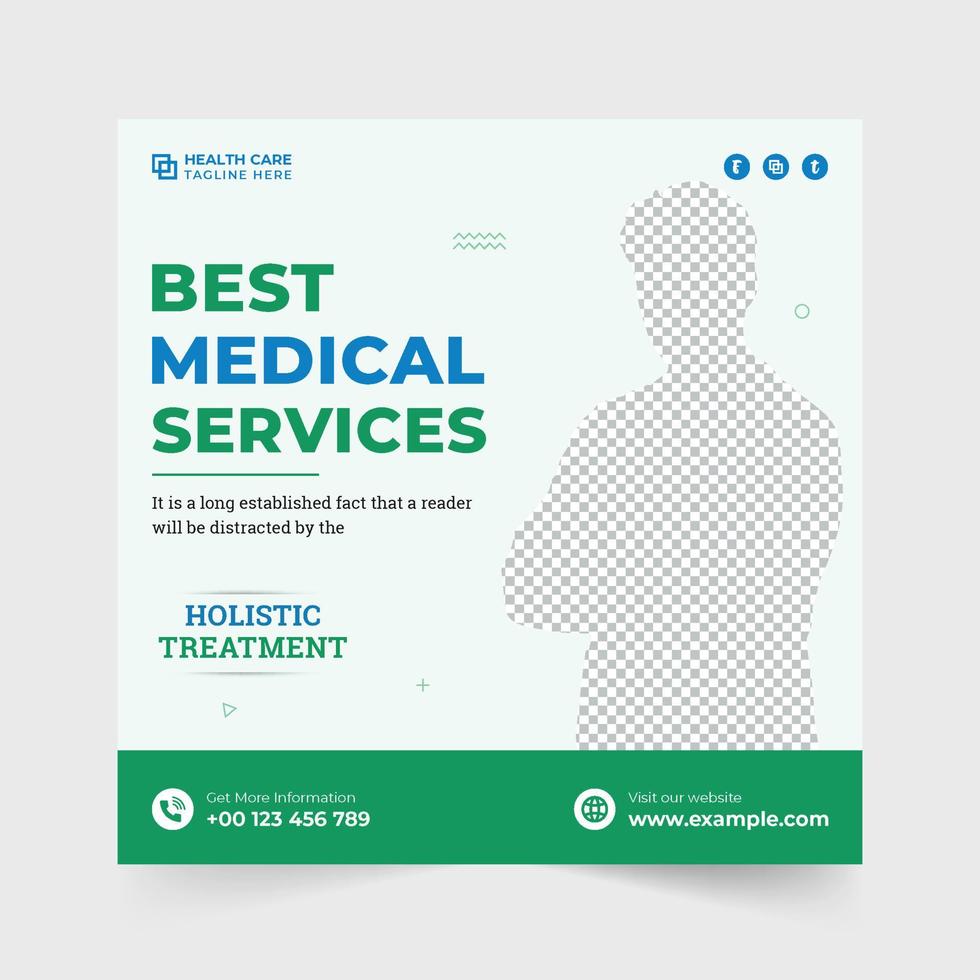 Clinic healthcare service template for advertisement. Modern hospital social media post vector with green and blue colors. Medical promotional web banner template for digital marketing.