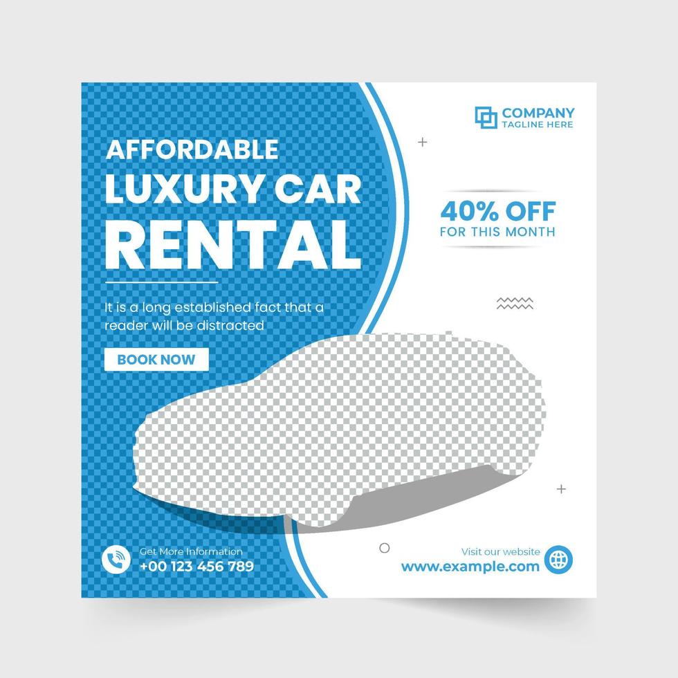 Rent a car business social media post vector with abstract shapes. Car rental promotional template design for online marketing. Automobile business template vector with blue and folly colors.