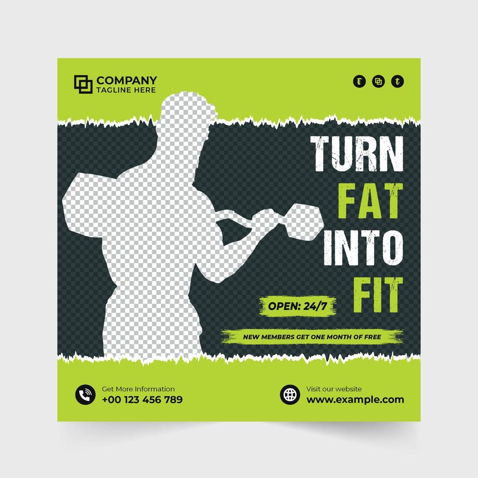 Fitness gym social media post vector with photo placeholders. Gym promotional web banner design with green and yellow colors. Gym management and advertisement template vector for marketing.