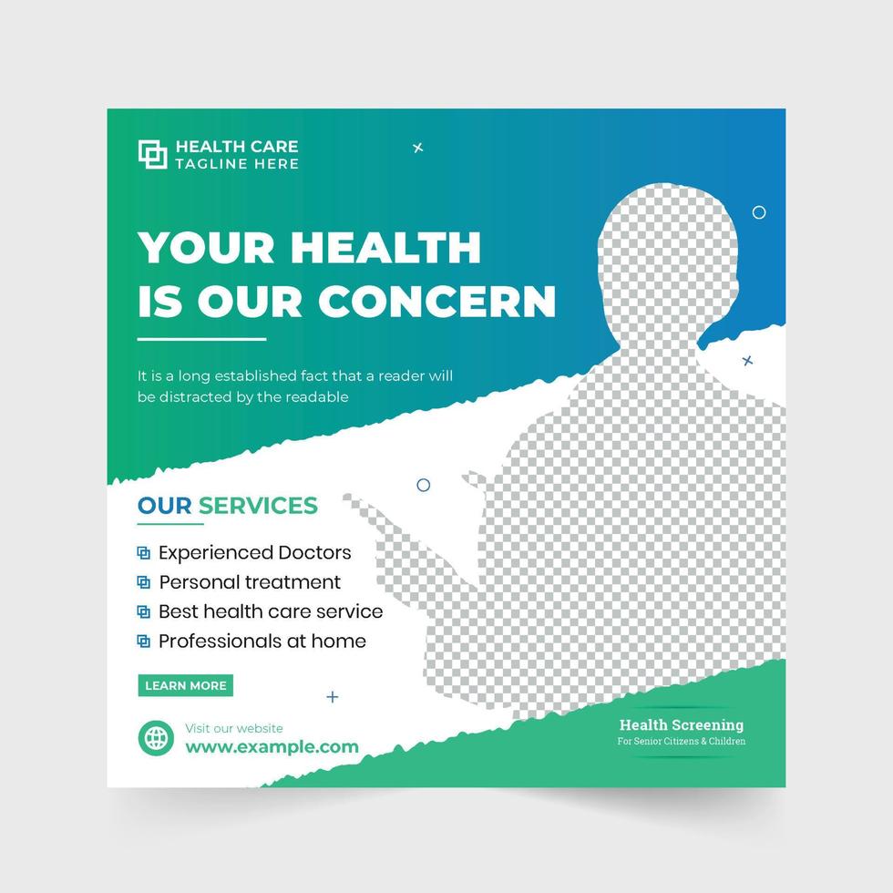 Special medical treatment social media post design for marketing. Clinical healthcare promotion web banner design with green and blue colors. Hospital doctor treatment advertisement poster vector. vector