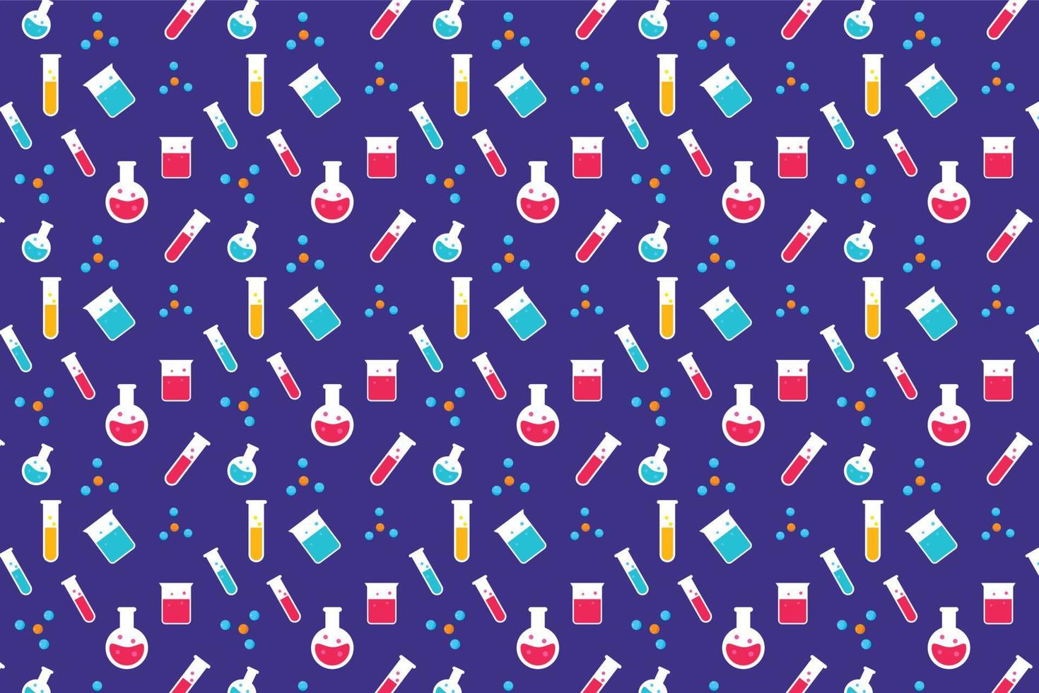 Seamless science pattern background vector with molecular basis and test tube icons. Educational pattern design for backdrop and wallpaper on a purple background. Minimal science pattern vector.