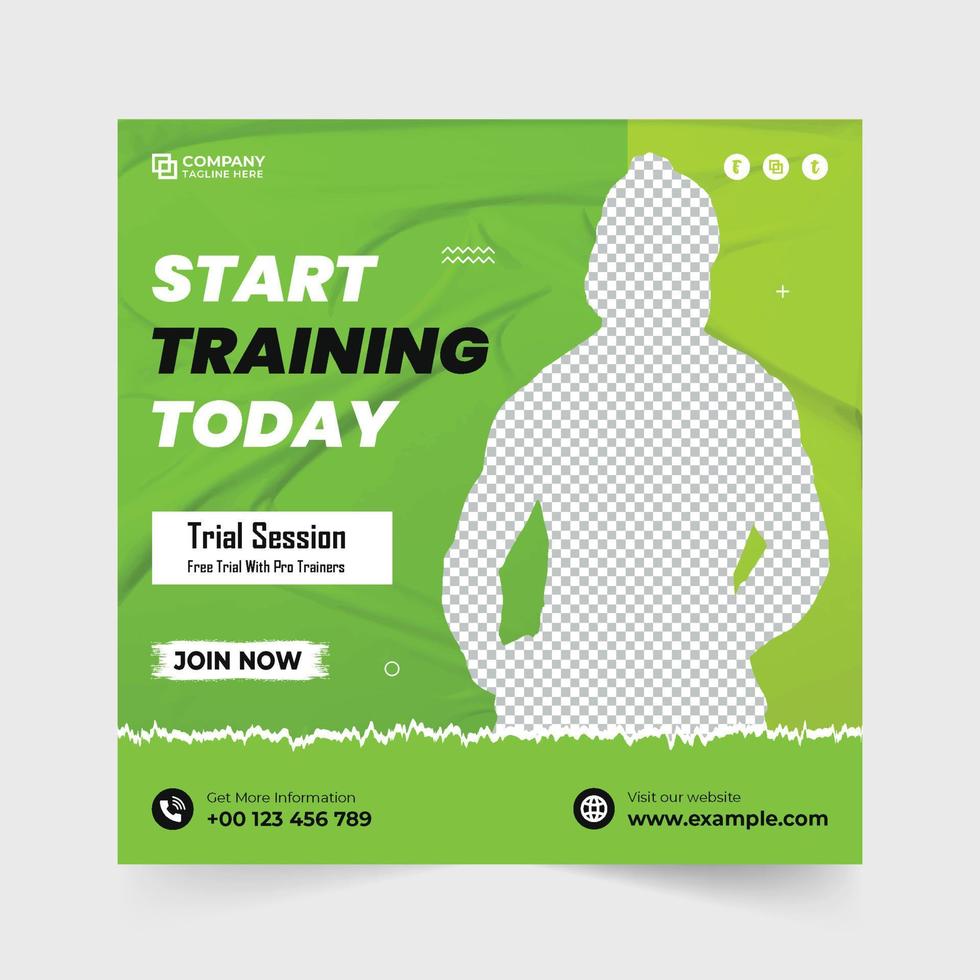 Professional gym training social media post vector with green and aqua colors. Gym business advertising web banner design for digital marketing. Fitness gym workout session promotional template.