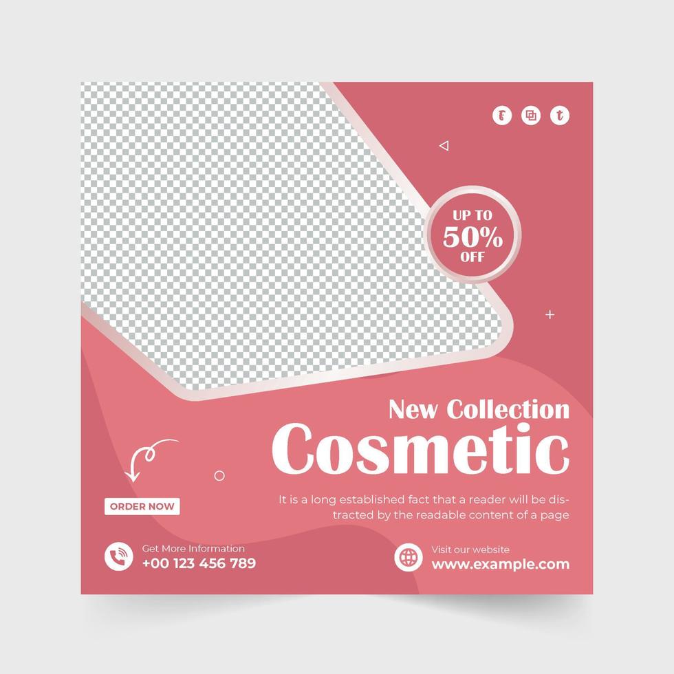 New cosmetic collection and beauty care product promotional web banner vector. Skincare product social media post design with pink and nude colors. Cosmetic store promotion and sale template vector. vector