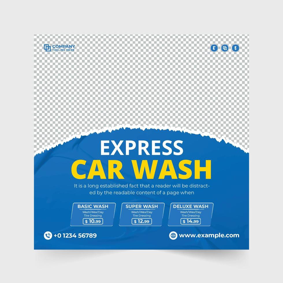 vector de publicación de redes sociales de plantilla de lavado de autos con colores verde y azul. diseño de banner web promocional del servicio de mantenimiento de automóviles. vector de cartel de anuncio de negocio de limpieza de coches.