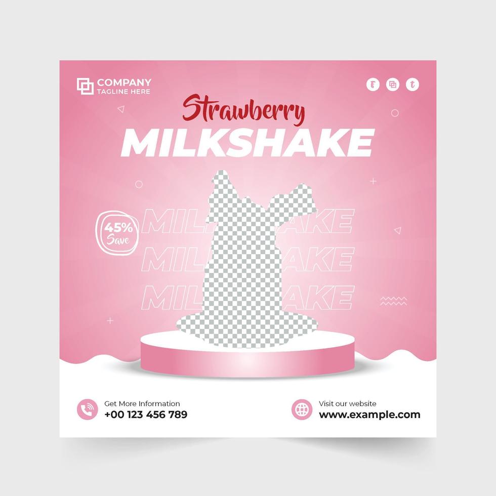 Strawberry milkshake social media post vector with pink and blue backgrounds. Cafe and juice bar promotion template design for marketing. Beverage advertisement poster vector with podiums.