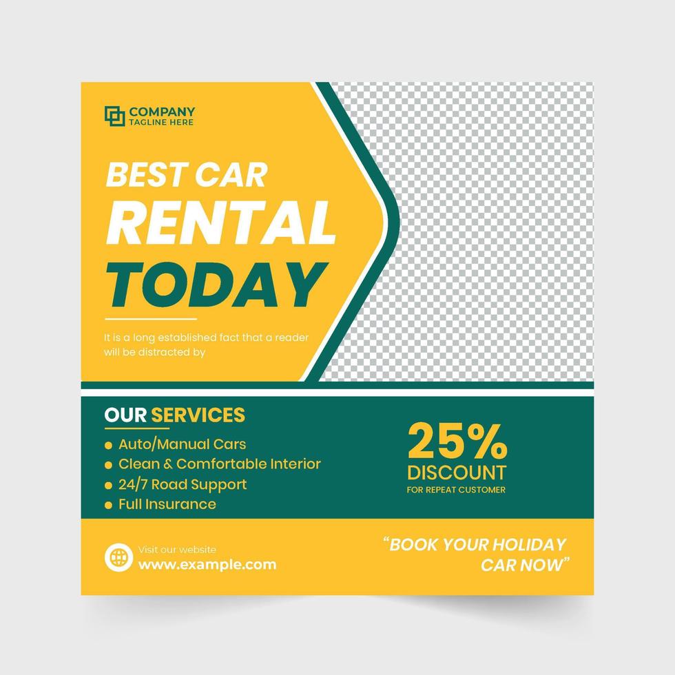 Car rental business promotion template with green and yellow colors. Vehicle rental social media post vector for digital marketing. Rent a car advertisement template design with discount offer section