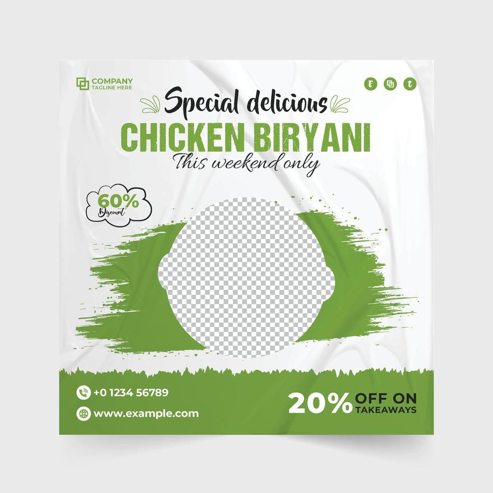 diseño de banner web de promoción de menú de comida deliciosa con colores verde y amarillo. vector de plantilla de anuncio de comida de restaurante con oferta de descuento. Publicaciones en redes sociales de alimentos y bebidas para restaurantes.