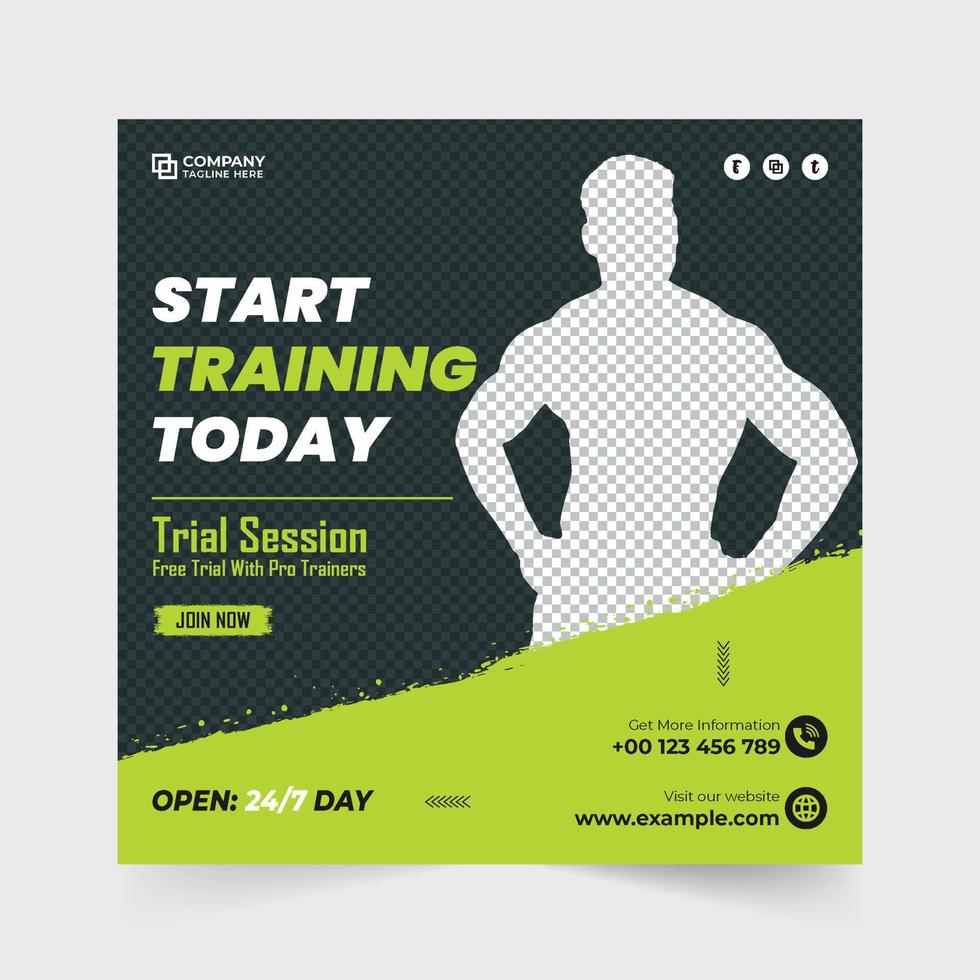 Modern gym business promotional poster design with photo placeholders. The gym training session discount offer templates with green and yellow colors. Professional fitness gym social media post vector