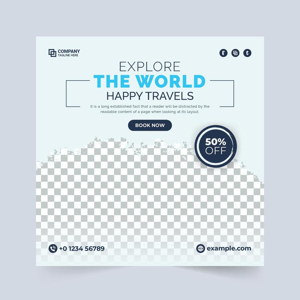 banner de medios sociales de la agencia de planificación de viajes y vacaciones de ensueño. plantilla de banner de viaje de vacaciones con colores azul oscuro y blanco. diseño de publicaciones en redes sociales de viajes y viajes. diseño de carteles de negocios itinerantes. vector