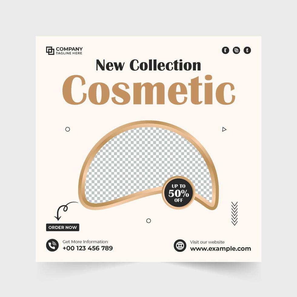 venta exclusiva de productos cosméticos y de belleza vector de publicación en redes sociales con formas abstractas. moderno diseño de banner web promocional de negocios cosméticos con colores dorado y rosa. plantilla de descuento cosmético