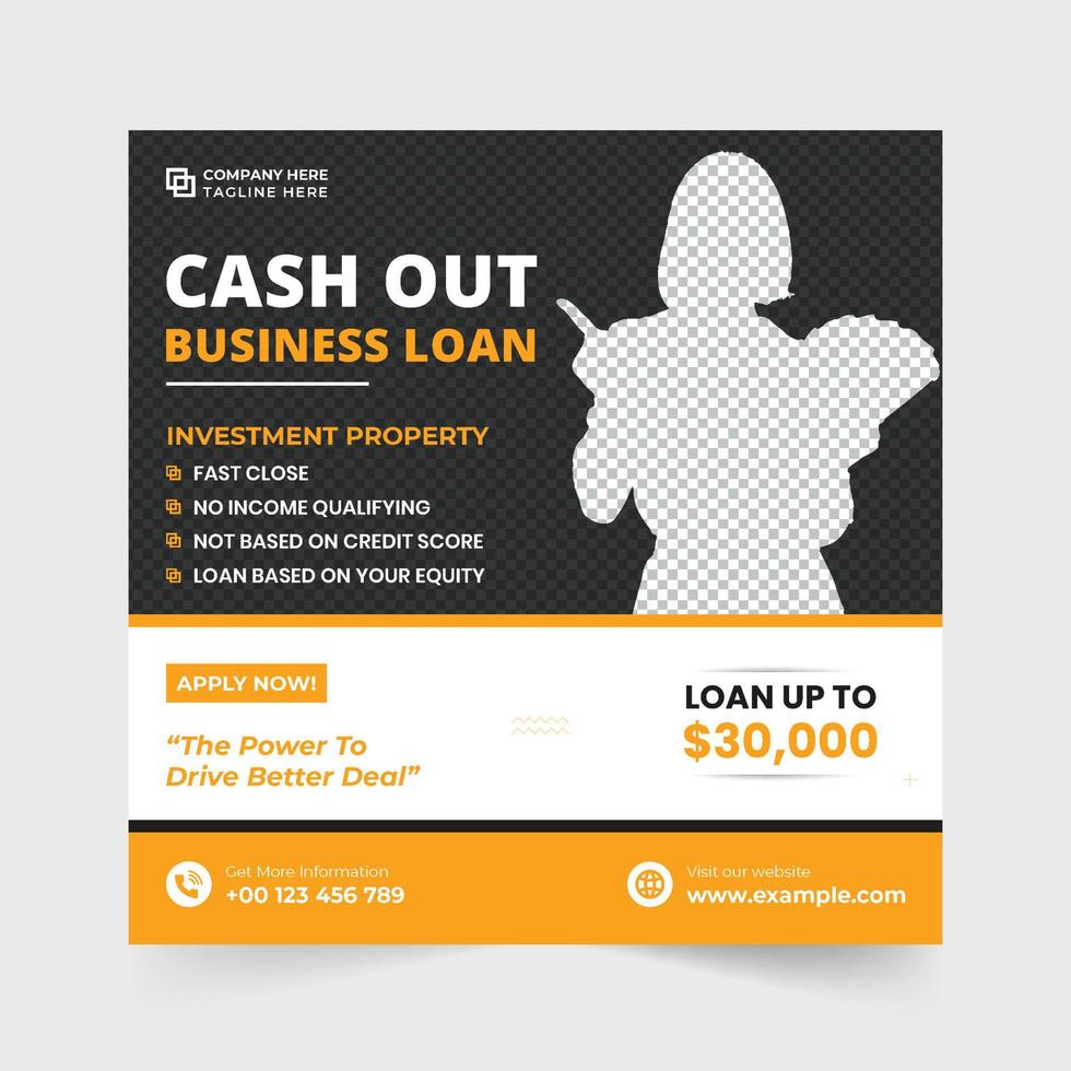 Business loan social media post vector with orange and yellow colors. Modern bank loan advertisement template with lowest interest service. Personal loan promotional web banner design for banking.