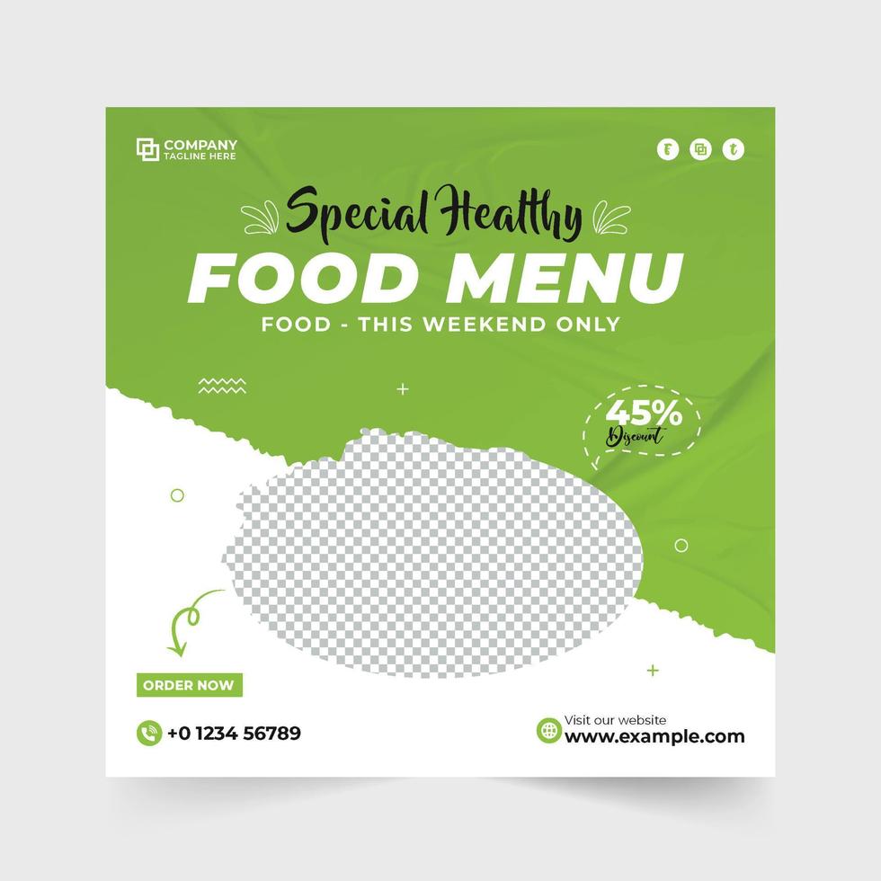 Healthy food menu social media post design with green and dark backgrounds. Restaurant food promotional poster design for digital marketing. Minimal food advertisement template vector. vector