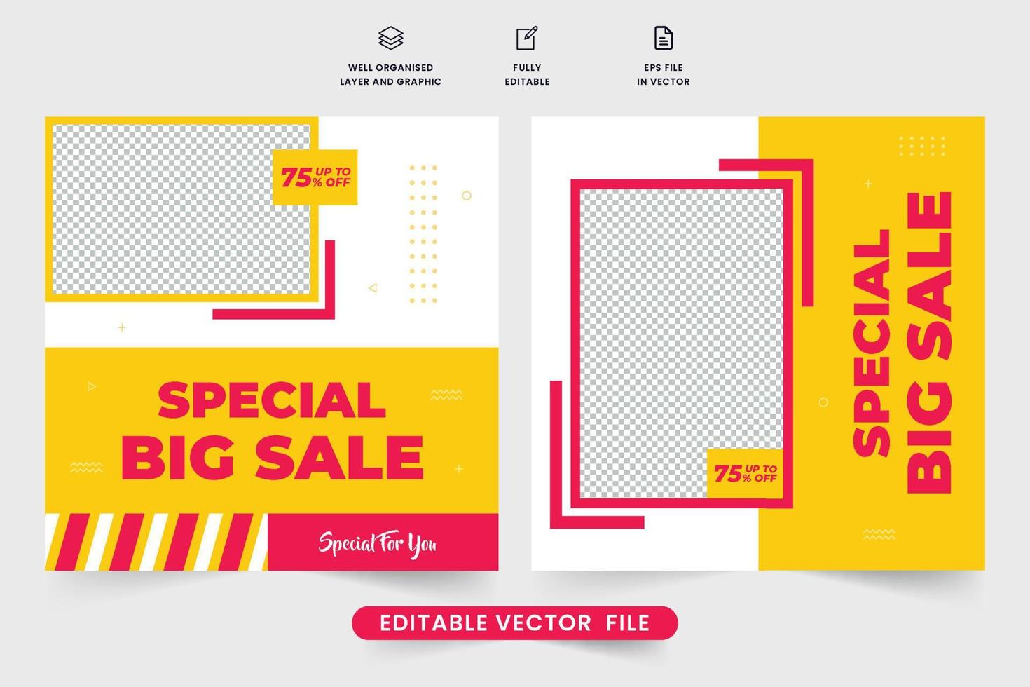 Special clearance sale social media post vector with discount offer sections. Fashion sale and discount template design with yellow and red colors. Modern business advertisement web banner vector.