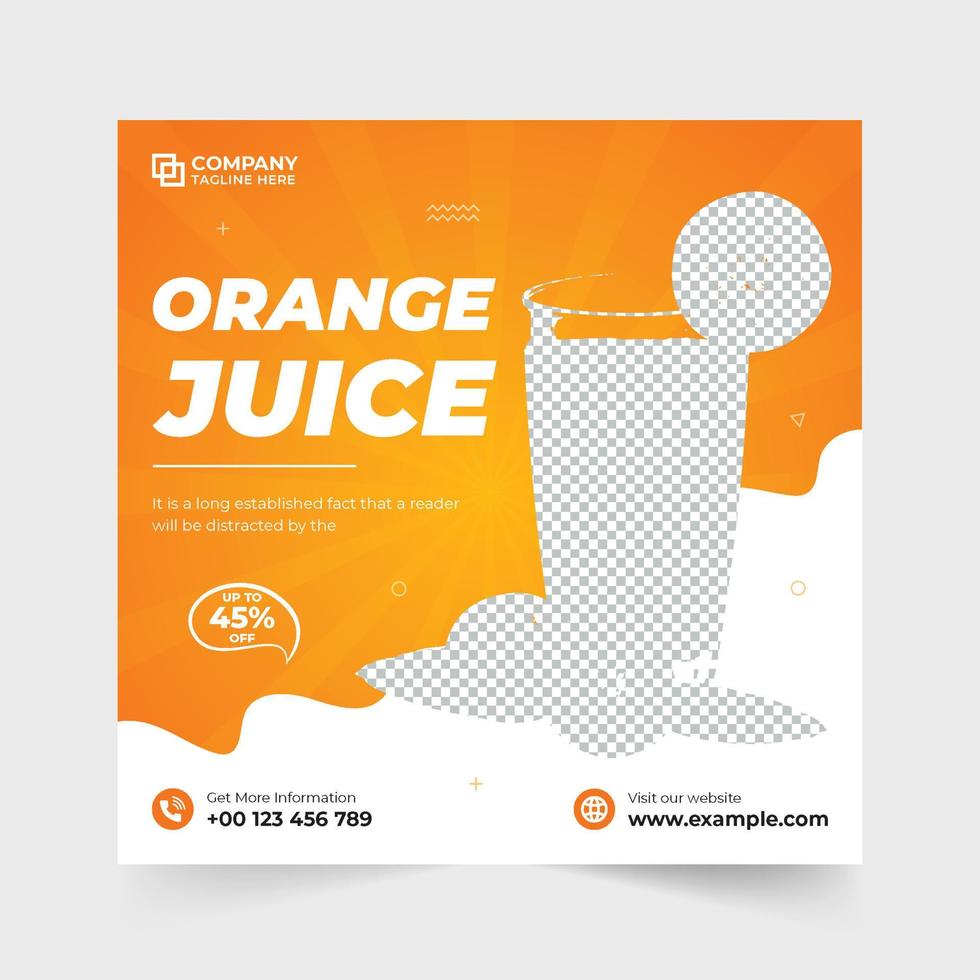 diseño de banner web promocional de jugo de naranja para restaurantes y cafés. vector de plantilla de venta de bebidas para marketing en redes sociales. Diseño de plantilla de descuento de venta de jugo de naranja con formas abstractas.