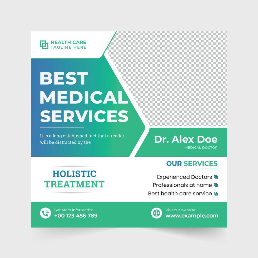 mejor diseño de afiches promocionales de servicios médicos con colores verde y azul. vector de publicación de redes sociales de tratamiento de salud médica. diseño de banner web de publicidad de negocios de atención médica de clínica especial.