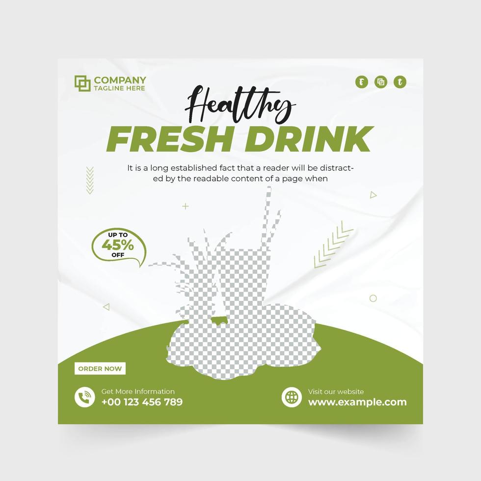 Fresh and healthy drink promotional template vector for restaurants and juice bars. Organic juice and cocktail advertisement poster design with green and blue colors. Healthy drink social media post.