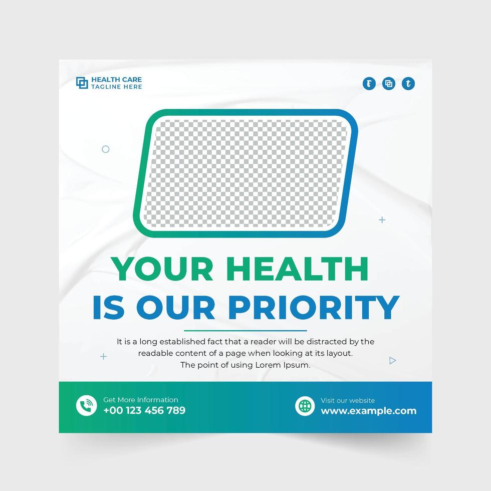 vector de publicación de medios sociales de servicio médico creativo con colores verde y azul. diseño de afiches publicitarios de tratamientos hospitalarios especiales para marketing. vector de plantilla promocional de servicio de atención médica.