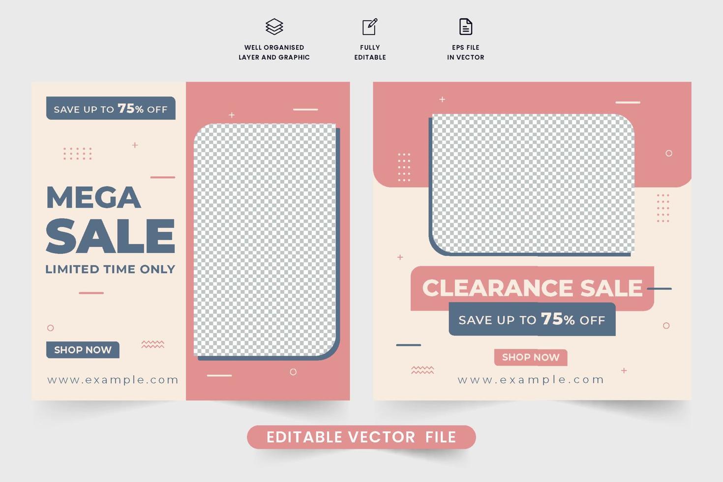 Modern fashion sale discount template design with geometric shapes. Girly fashion and store promotional web banner design with blue and pink colors. Mega sale social media post vector for business.