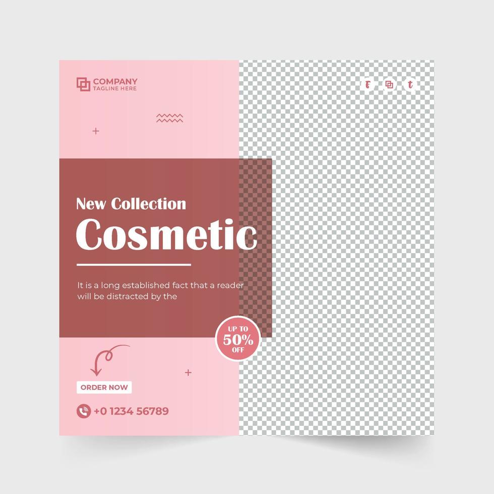 Creative cosmetic sale template design with pink and silk colors. Cosmetic promotional poster vector with discount offers. Beauty product advertisement web banner design for digital marketing.