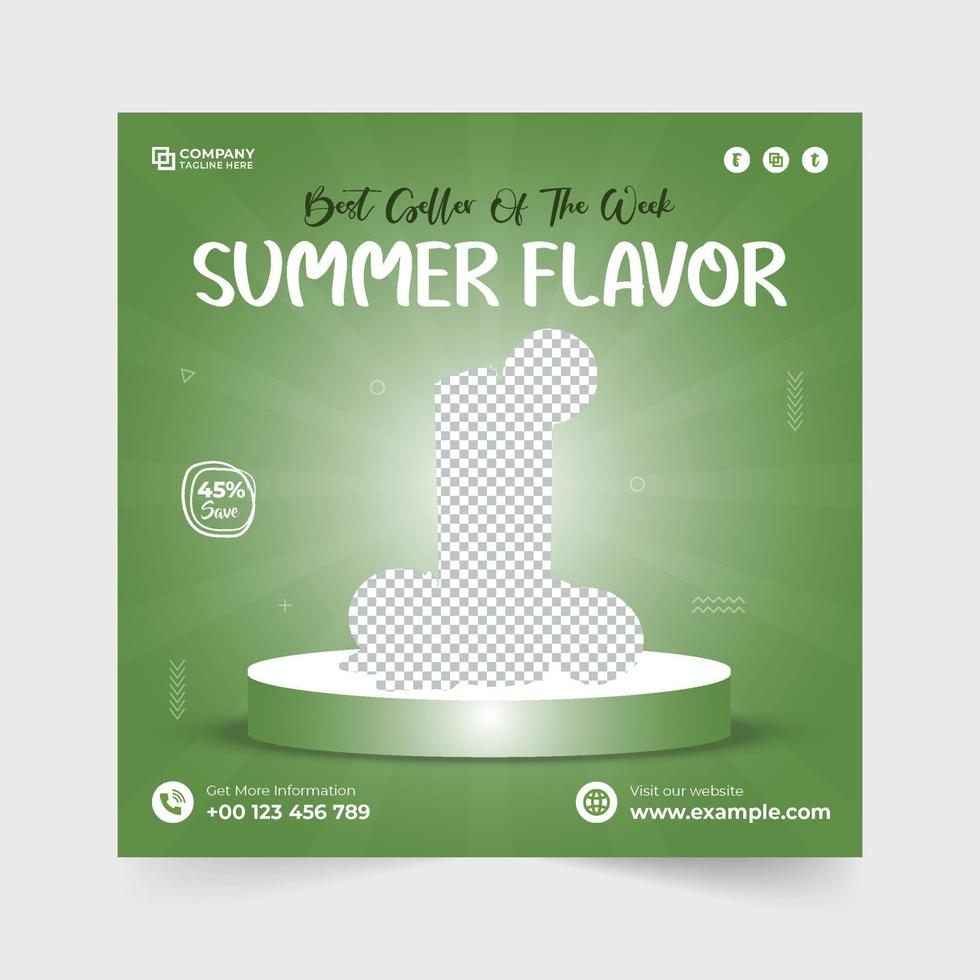 Cóctel de frutas de verano especial y venta de jugo vector de publicación en redes sociales. diseño de plantilla de banner web de promoción de barra de jugo con colores verde y azul. cartel de descuento de cócteles de verano para marketing.