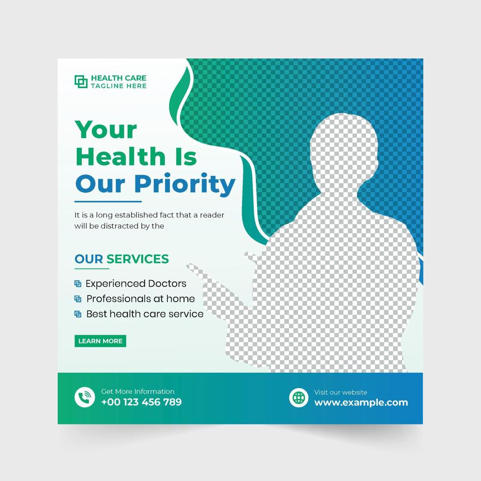 Doctor medical treatment and healthcare service template design with green and blue colors. Hospital facilities and treatment advertisement poster design. Creative medical template for social media. vector