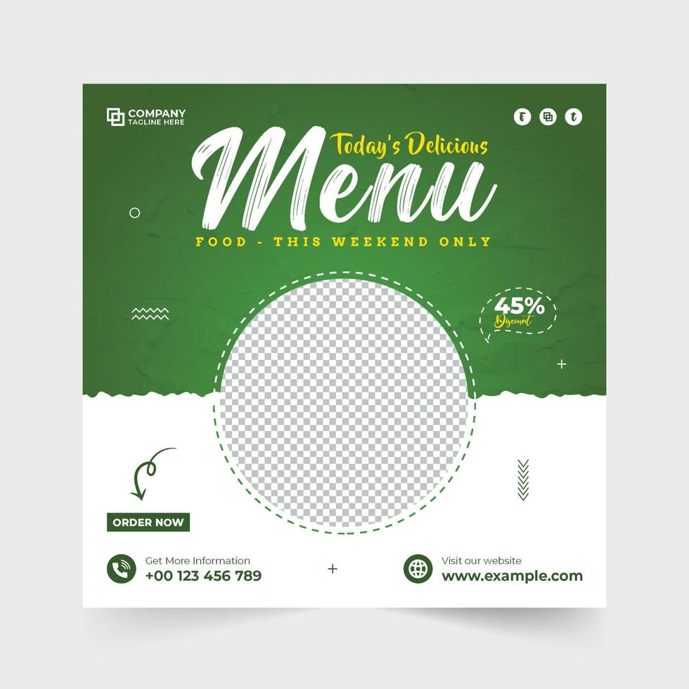 Restaurant social media post template with green and mud colors. Modern restaurant advertisement poster design with abstract shapes. Food menu template vector for digital marketing.