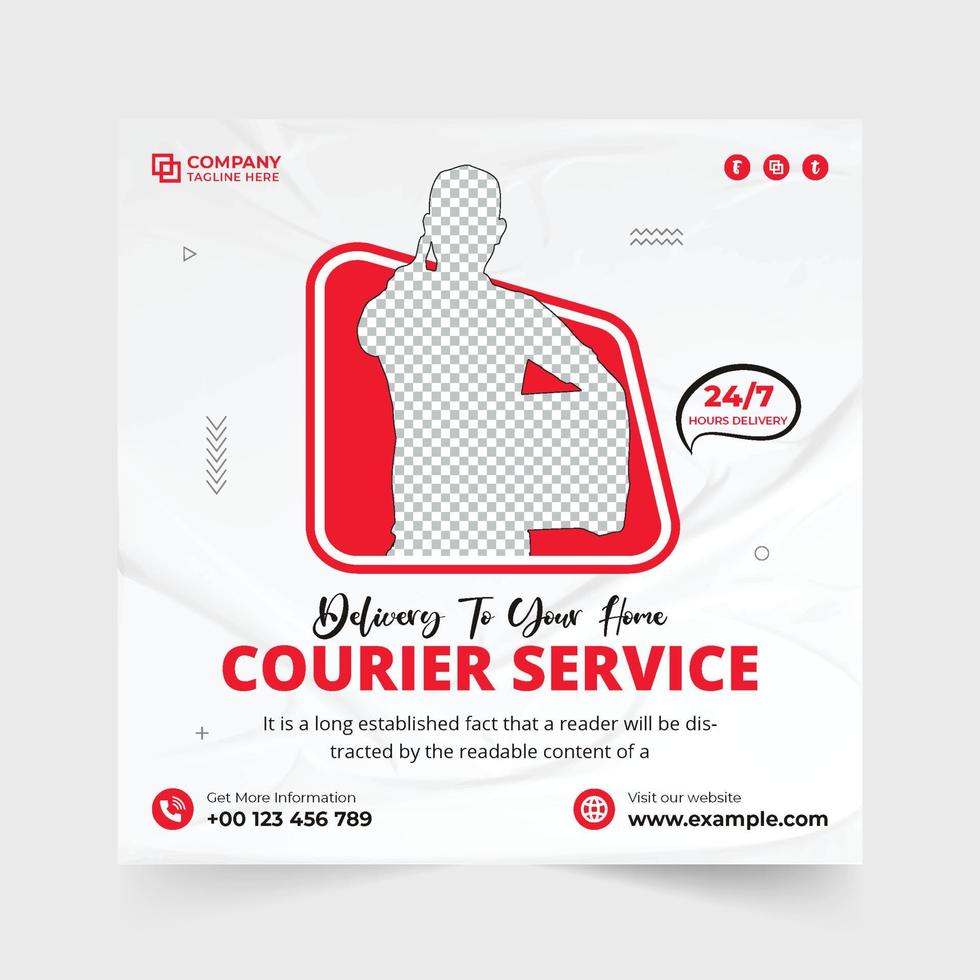 servicio de mensajería creativa diseño de publicaciones en redes sociales para marketing. diseño de afiches del servicio de entrega de compras en línea con colores rojo y azul. plantilla de banner web promocional de servicio de entrega a domicilio digital. vector