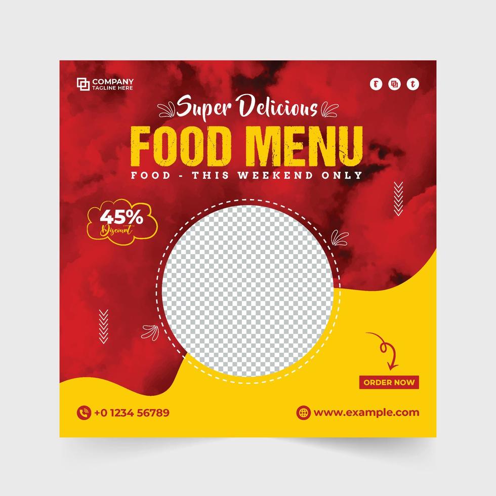 Delicious food menu social media post vector with red and yellow colors. Restaurant food promotional template design with abstract shapes. Restaurant business digital marketing web banner.